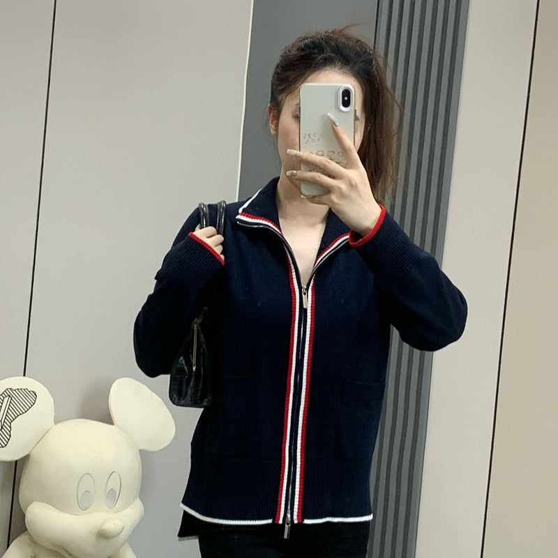 Stand collar double zip wool sweater