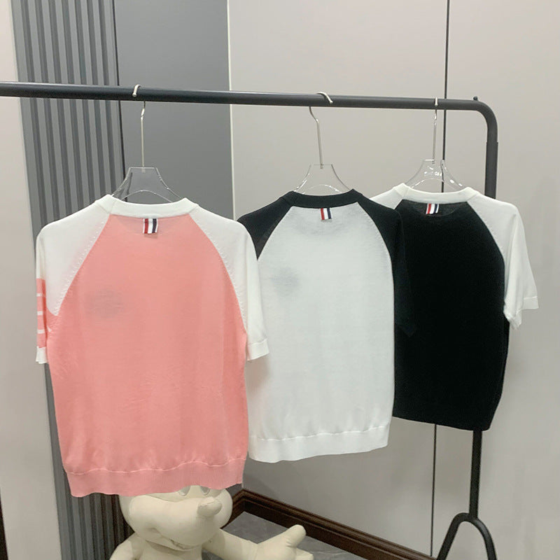 Colorblock knitted short-sleeved T-shirt