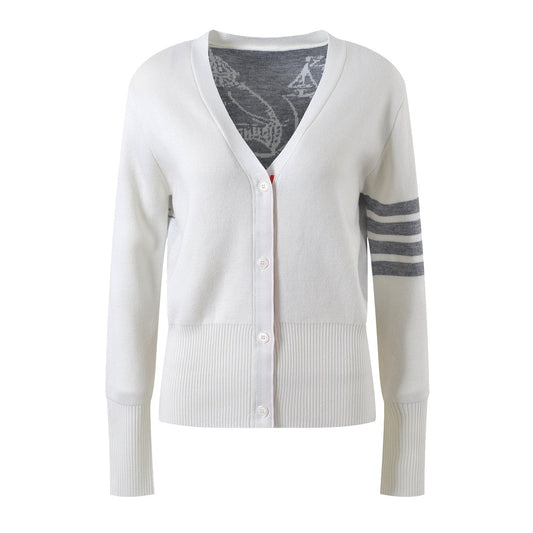 Four-Stripe Pink V-Neck Cardigan（副本） THOM TREND