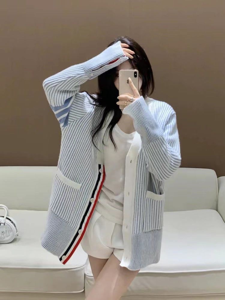 2025S Women's striped v-neck jacket THOM TREND