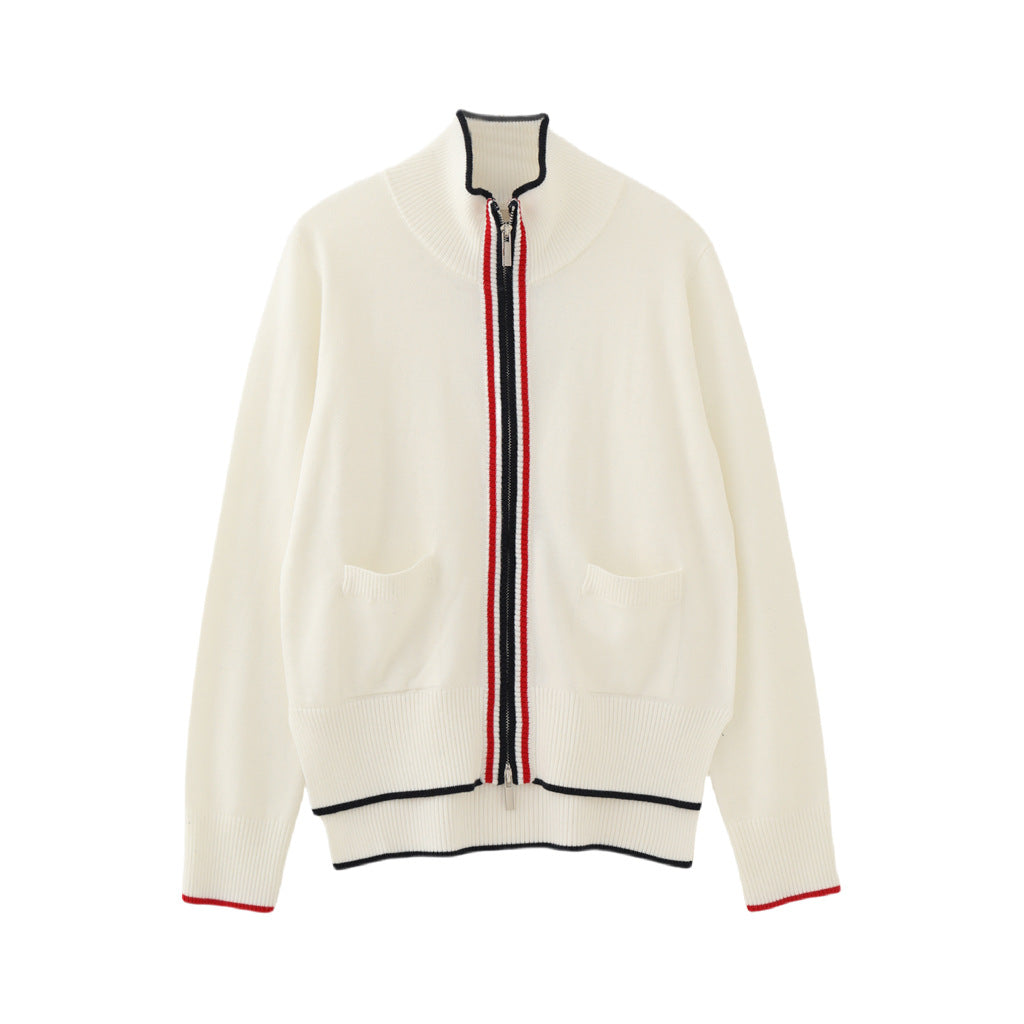 Stand collar double zip wool sweater