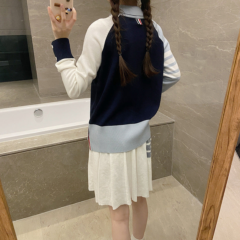 Lapel color-block wool sweater