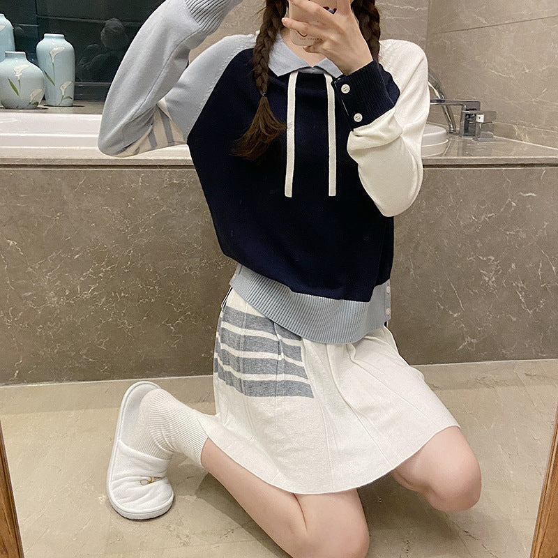 Lapel color-block wool sweater