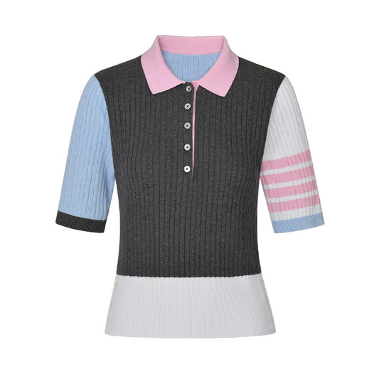 Women's contrast color knitted POLO short sleeve THOM TREND